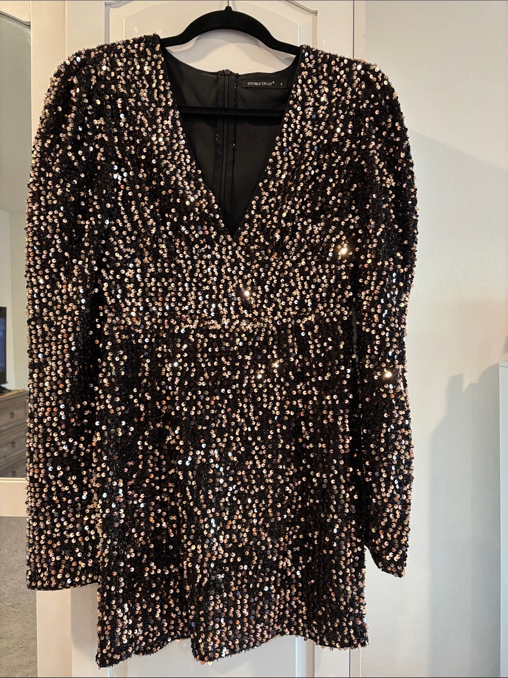 Sequin V-Neck Party Dress - Black with Rose Gold Sequins